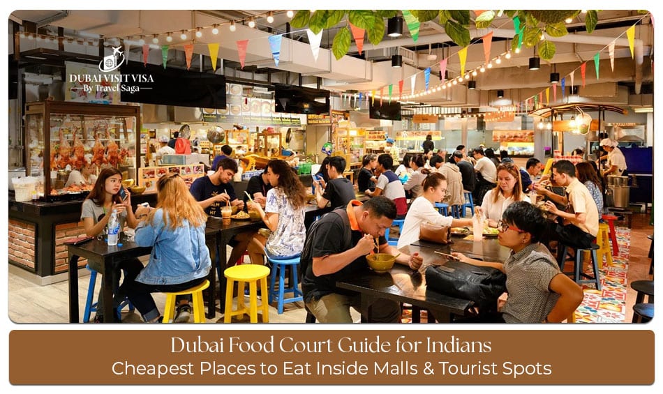 Indian family enjoying a variety of vegetarian and non-vegetarian dishes at a modern Dubai food court.