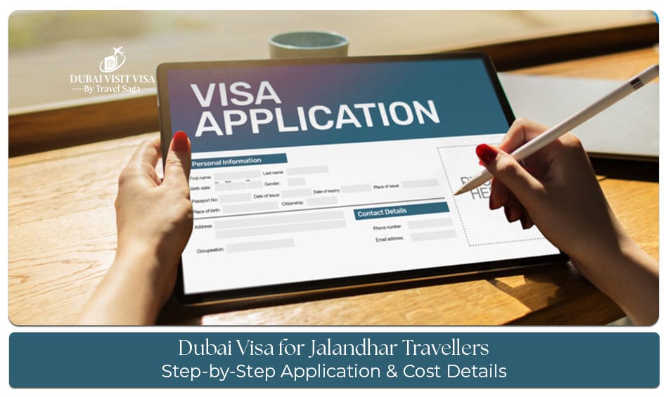 Travelers from Jalandhar preparing for a Dubai trip with passports, luggage, and iconic Dubai landmarks in the background.