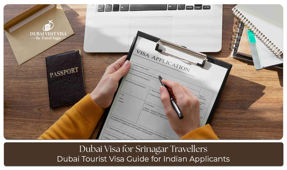 Traveller from Srinagar preparing documents for a Dubai visa before departure.