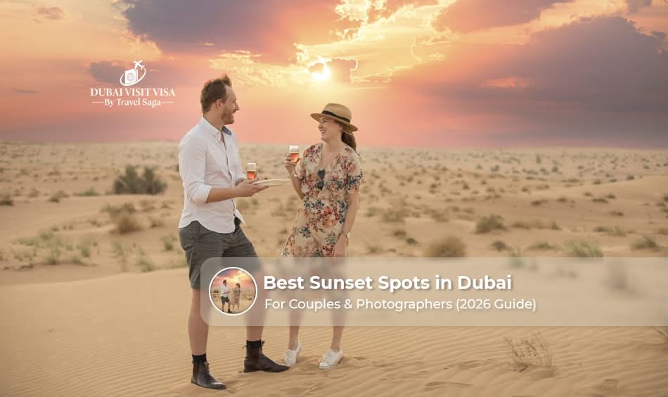 Couple and photographer enjoying a beautiful sunset view at a scenic Dubai location