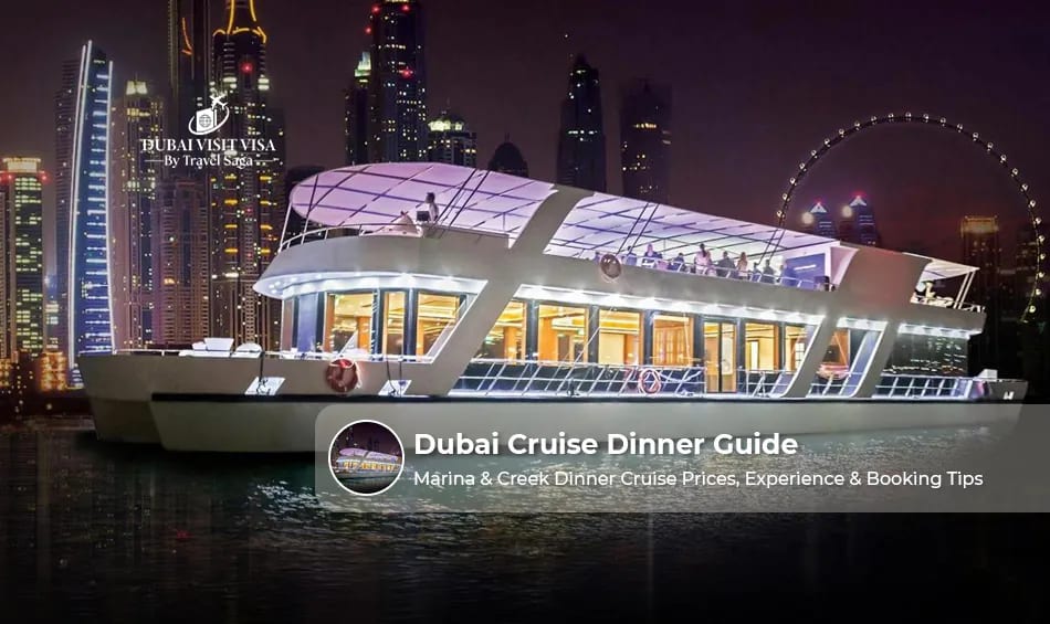 Luxury Dubai cruise dinner with illuminated skyline, live entertainment, and gourmet dining on the water.
