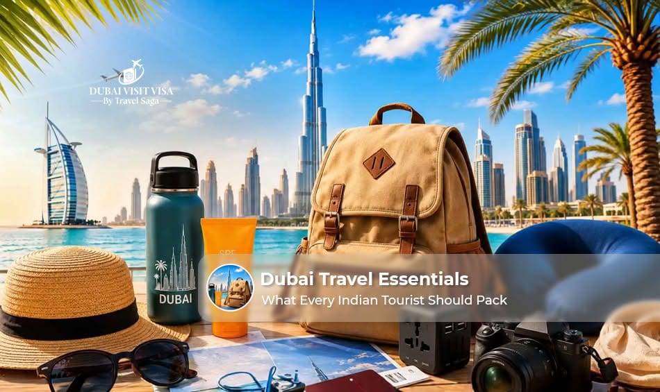 Indians travellers exploring Dubai with essential travel documents and iconic city attractions in the background.